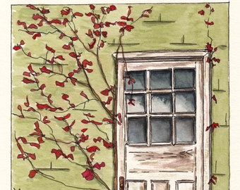Doorway | Autumn  | Lunenburg | Nova Scotia | Original Watercolour and Ink Painting | Vines climbing old wall