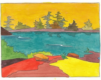 Georgian Bay Watercolour and Ink Painting | Cunningham Island | Northern Ontario | Original Canadian Artwork | Nature Landscape