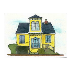 Yellow House | Impressão em aquarela e tinta de pintura original | Casa histórica | Lunenburg | Nova Escócia
