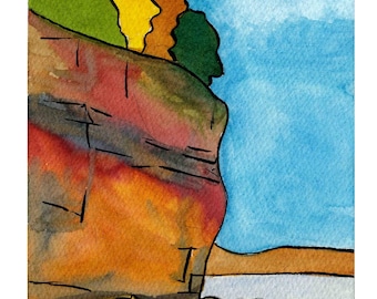 Cliff on Beach | Gaspe Penninsula | Rue de la Plage | Quebec | Print of Original Watercolour