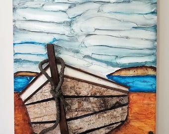 Old Boat Paintings, Boat At Sea Painting, Boat Canvas Painting, Maritime Paintings, Bright Color Paintings, Texture Painting On Canvas