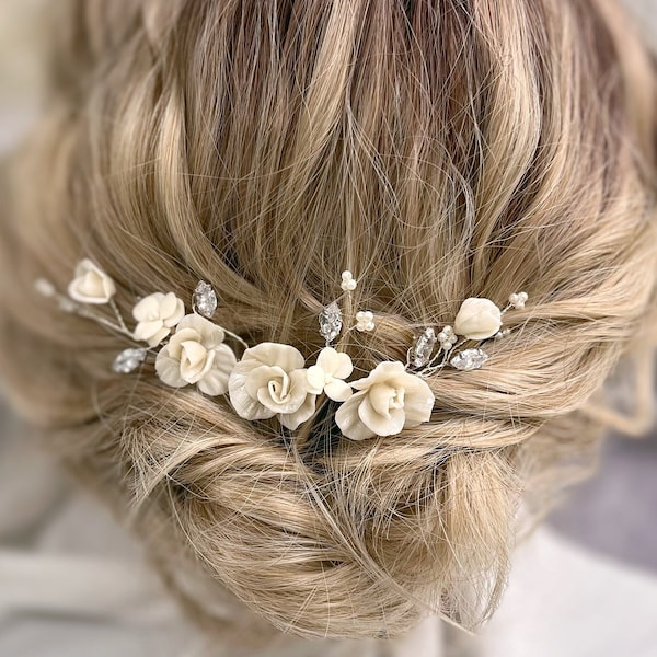 Flower hair pins ivory small clay floral hairpiece Bridal comb crystal hair jewellery silver hair accessory for wedding