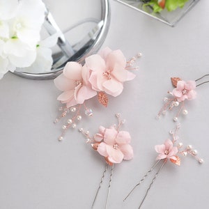 Blush pink flower hair pieces pearls wedding flower hair pin floral headpiece for bride rose gold hair pin bridal silver wire comb