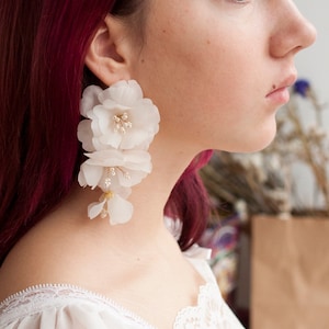 Floral big earring Long flower earrings Silk flower earring Bride Gold earrings Statement Textile Flower earrings