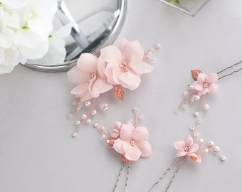 Blush pink flower hair pieces pearls wedding flower hair pin floral headpiece for bride rose gold hair pin bridal silver wire comb