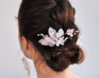 Pink and Ivory Wedding Headpiece, Fairy Tale Wedding Jewelry, Set of 2 pearl hair piece pink butterflies clips