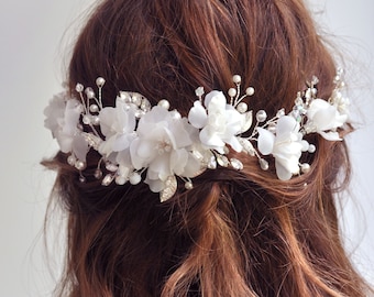 bridal hair accessory flower hair piece floral comb wedding hair vine white boho headpiece floral hair vine bride