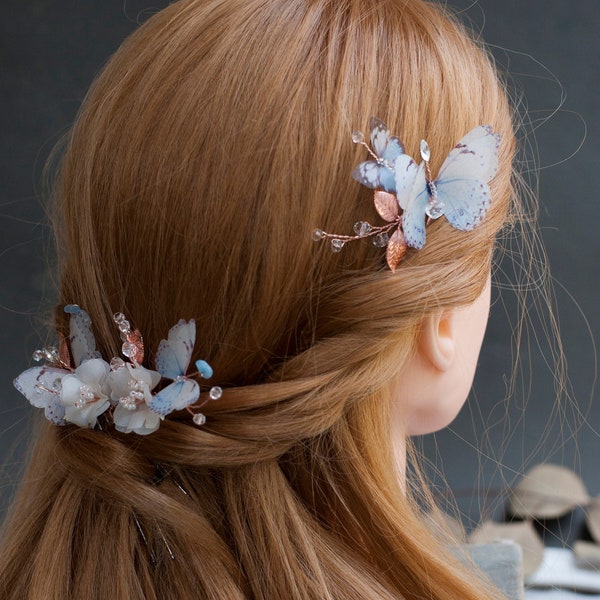 light blue butterflies rose gold hair pins flower hair piece ivory flower pins something blue florals accessories