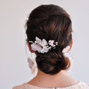 Bridal hair pin flower comb pearl hair piece pink butterflies hair piece Wedding headpiece delicate bridal hair jewelry silk flower hair pin image 1