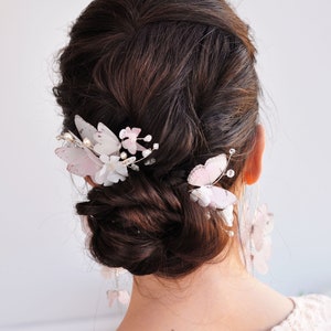 Bridal hair pin flower comb pearl hair piece pink butterflies hair piece Wedding headpiece delicate bridal hair jewelry silk flower hair pin image 2