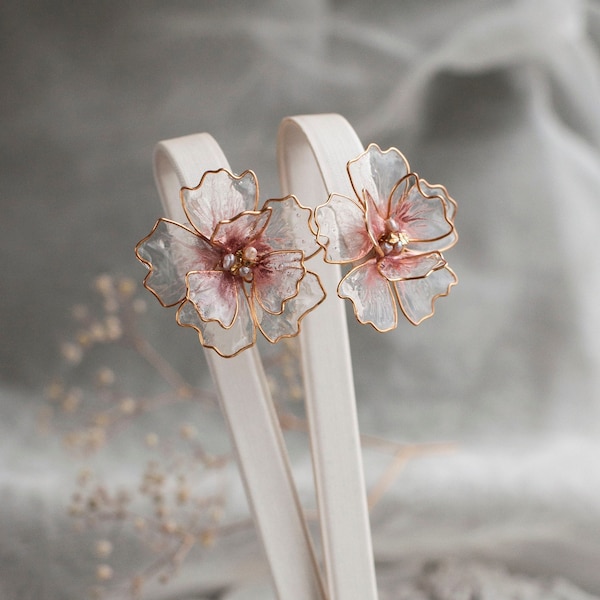 Pendientes rosas Pendientes de flores nupciales pendientes de flores simples transparentes pendientes de joyería de oro rosa clips Pendientes de resina de flores Sakura cereza