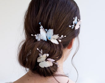 Wedding hair piece Blue Butterflies Headpiece Ivory Hair accessories multi-colored comb Flower hair piece back hair Bridal hair vine pearl