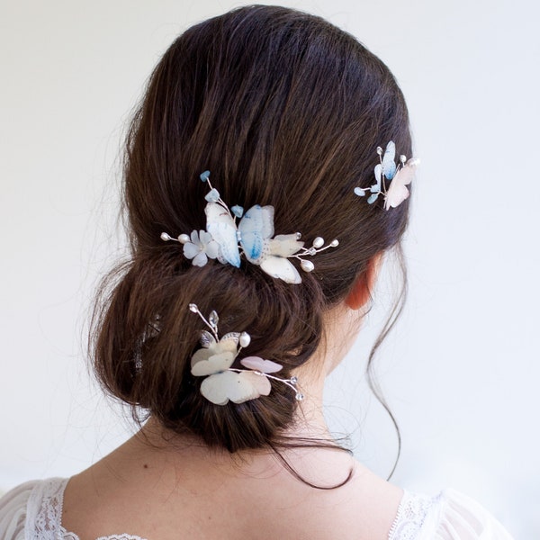 Pièce de cheveux de mariage Bandeau papillons bleus Ivoire Accessoires pour cheveux Peigne multicolore Pièce de cheveux de fleur, cheveux dans l'arrière, cheveux de mariée, perle de vigne