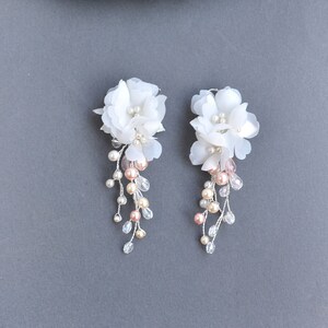 floral bridal earrings flower tassel earrings pearls blush earrings wedding silk earrings Long Bridal boho earrings spring blossom flower image 2