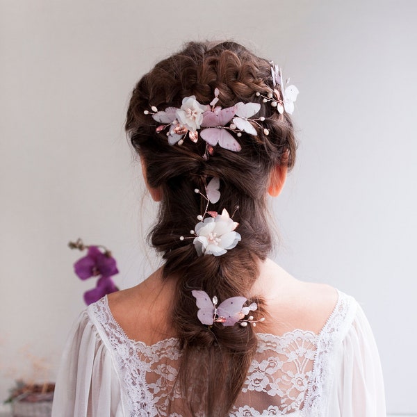 Postiche floral Papillons roses blush Tresse de cheveux fleur ivoire Accessoire en or rose Épingles à cheveux de mariée Peigne de mariage blush papillons en soie