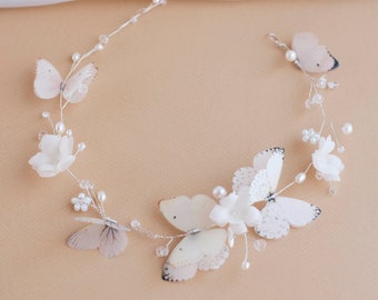 butterflies Bridal Headpiece flower Headband wedding Hair Vine blush prom hair accessory Bohemia head piece beach hair accessory