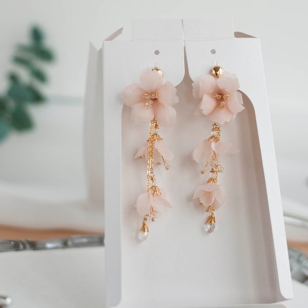 Blush pink earrings Long flower ivory earrings Tassels silk petal bride Floral Earrings statement tender earrings ivory white earrings