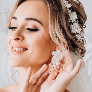 floral bridal earrings flower tassel earrings pearls blush earrings wedding silk earrings Long Bridal boho earrings spring blossom flower image 1