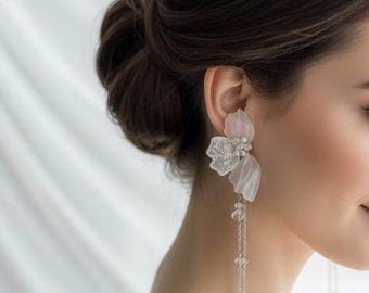 White lace mismatched earrings  bridal fairy jewelry lightweight floral earrings detachable chain whimsical earrings