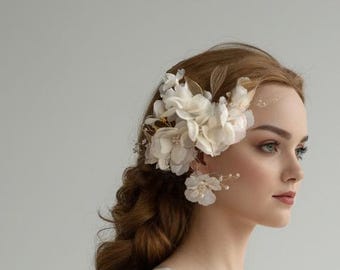 Large gold ear cuff Fairy Ear Cuff, White Flower Earrings, Bridal Ear Wrap No Piercing Floral Statement Jewelry Wedding Hair
