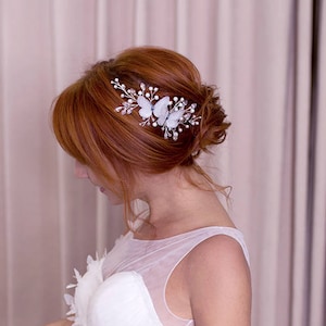 white Wedding hair piece crystal pearl bridal headpiece white butterfly hair jewelry Wedding Hair Clip white pearl comb