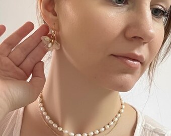 Bridal Pearl Choker Necklace Set, UV Resin Flower Dangle Earrings, 18K Gold Plated Wedding Jewelry