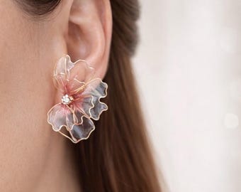 Pink Flower Earrings Lightweight Bridal Statement Jewelry Resin Blue floral stained glass jewelry