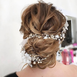 Bridal pearl hair piece butterfly headpiece Wedding hair vine flower silk headband Ivory butterflies Floral crown hair accessory