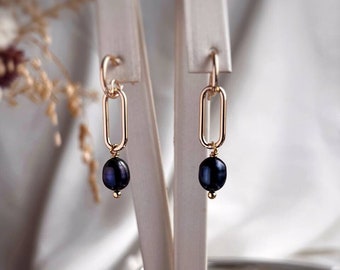 Navy Blue Pearl Earrings dangle 14k Gold Minimalist Dainty Earrings Natural Pearls elegance modern bridesmaids gift contemporary jewelry