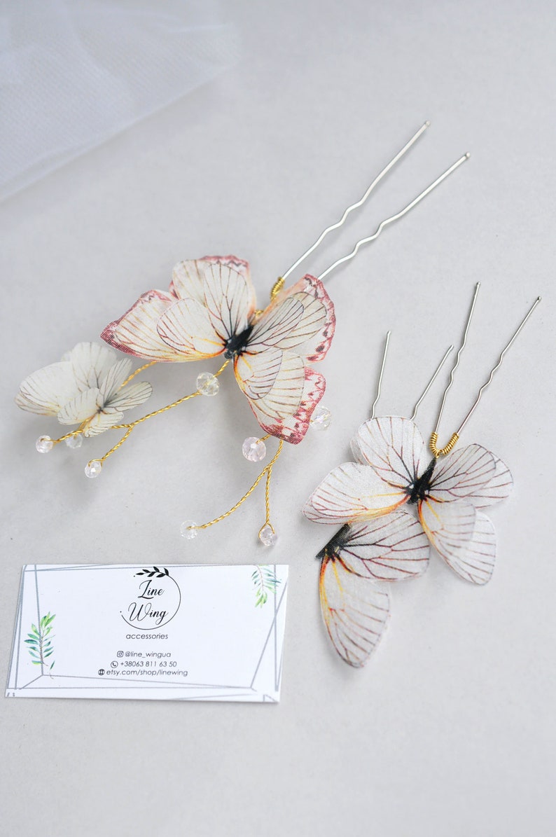 Butterfly hair pin Bride ivory hair pin gold Wedding hair accessories butterfly Silk fairy hair piece jewelry fabric beach hairstyle