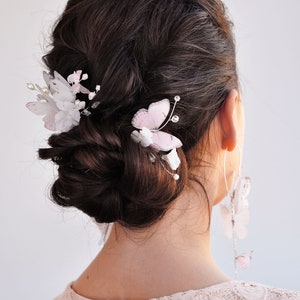 Bridal hair pin flower comb pearl hair piece pink butterflies hair piece Wedding headpiece delicate bridal hair jewelry silk flower hair pin image 6