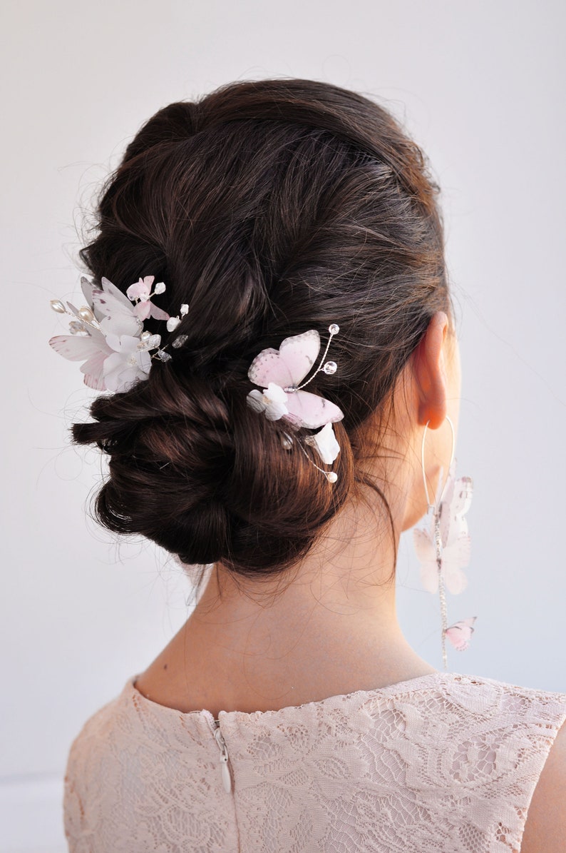 Bridal hair pin flower comb pearl hair piece pink butterflies hair piece Wedding headpiece delicate bridal hair jewelry silk flower hair pin image 6