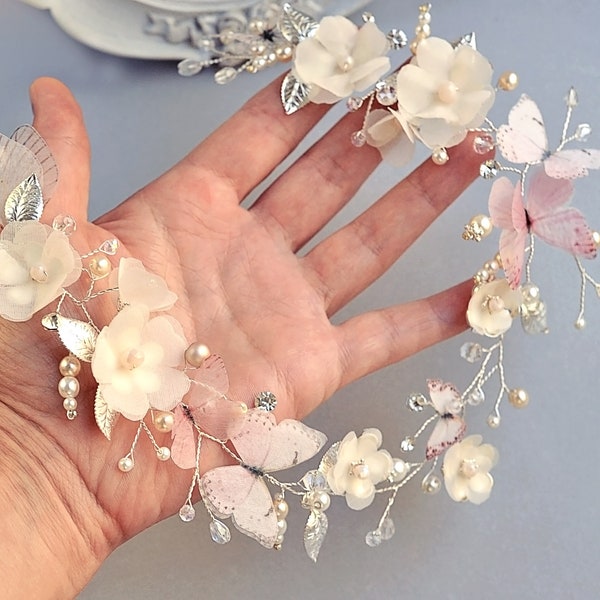 Bridal hair vine floral headpiece sand color blush butterflies flower hair vine Ivory pearls back headpiece flower hair wreath wedding