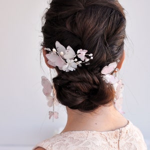 Bridal hair pin flower comb pearl hair piece pink butterflies hair piece Wedding headpiece delicate bridal hair jewelry silk flower hair pin image 7