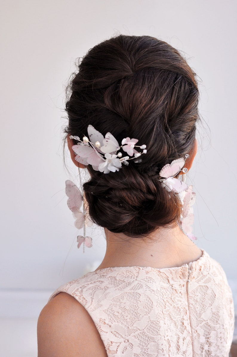 Bridal hair pin flower comb pearl hair piece pink butterflies hair piece Wedding headpiece delicate bridal hair jewelry silk flower hair pin image 7