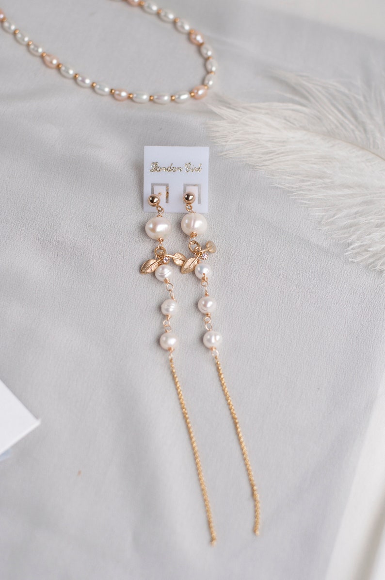 Gold 14K pearl earrings long drop earrings dangle bride earrings pearls chain earrings baroque pearl earrings bridal earrings boho wedding image 3