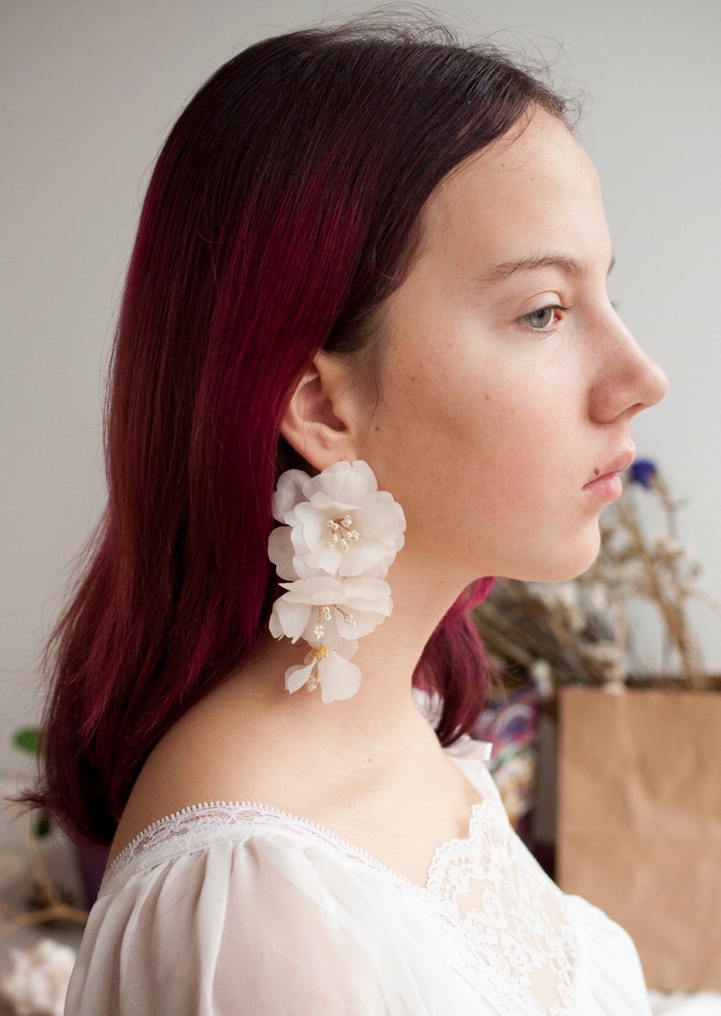 Floral Big Earring Long Flower Earrings Silk Flower Earring - Etsy