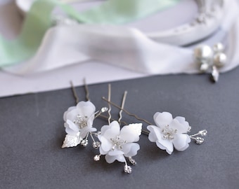 Bridal Hair Pins Flower Hairpins Small Silk Flower hair piece Wedding Silver Hair Pins White Flower Hair Pins delicate bun pins for hair