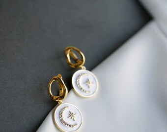 White Earrings Moon and Star Circle Earrings 14K Gold Enamel white Disc Earrings drop space Earrings dangle prom earrings CZ