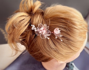 japanese style hairpin Sakura flower blossom jewelry rose gold accessory pink floral hair clip flower stud earrings set