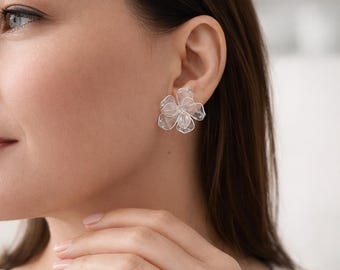 Fairy Earrings Silver, Clear Flower Studs, Transparent Resin Bridal Jewelry, Lightweight Crystal Look Earrings, Modern Wedding Gift