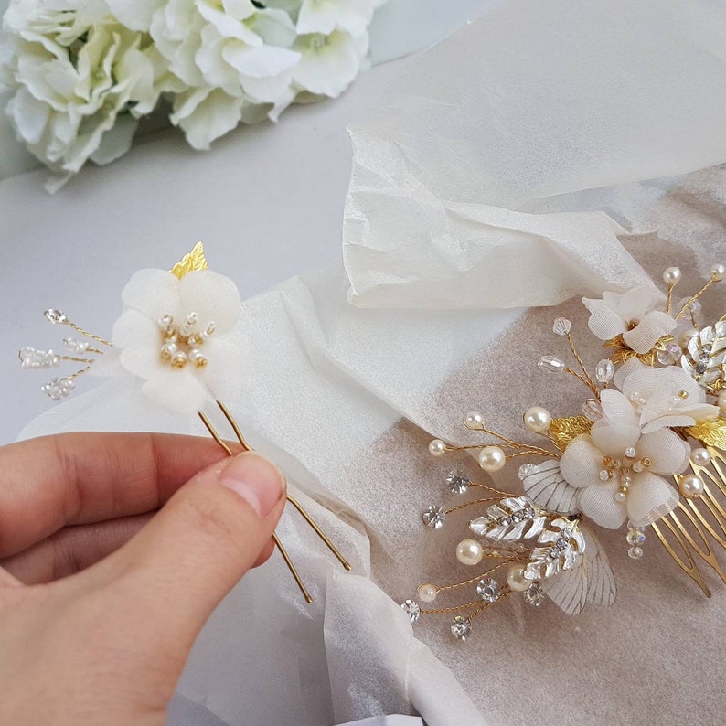 Gold Flower Hair Accessories Bridal Pearls Hair Comb Silk Etsy