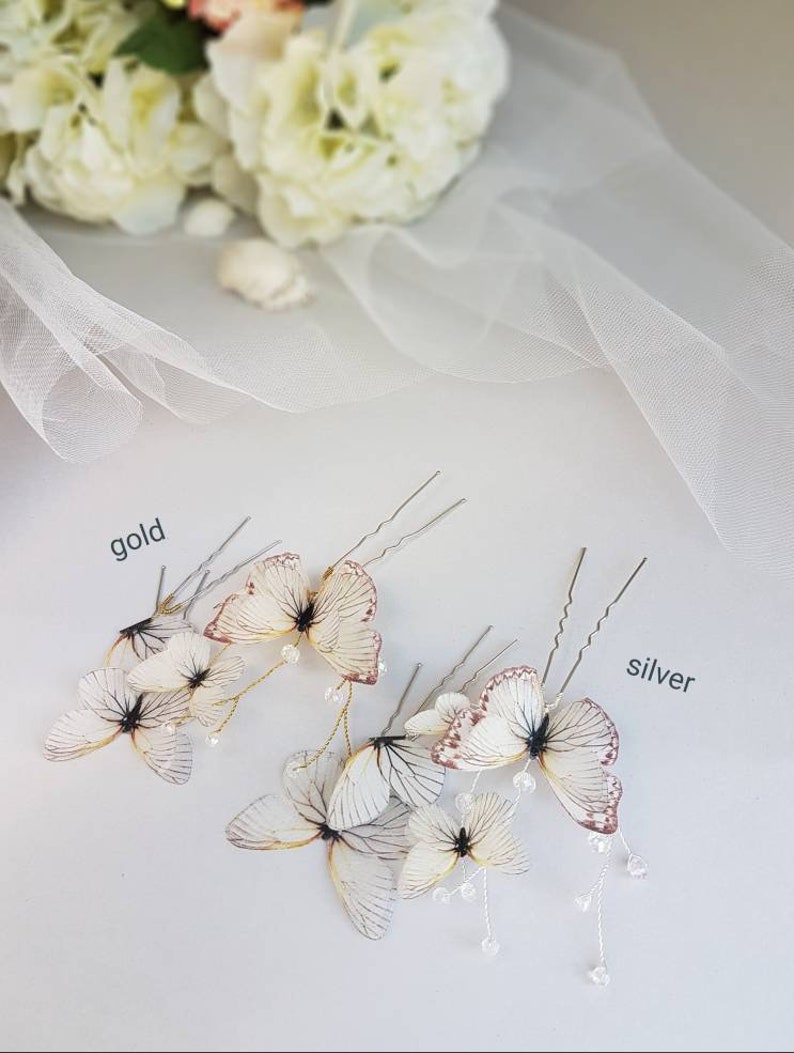 Butterfly hair pin Bride ivory hair pin gold Wedding hair accessories butterfly Silk fairy hair piece jewelry fabric beach hairstyle