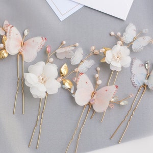 Bridal Flower hair comb ivory flower hair piece blush butterflies pearls hair pin  for bridesmaid light blue  Communion