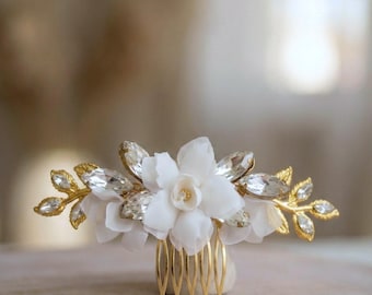 bridal flower hair comb White gardenia silk flower hair accessory Wedding hair pins with Gold leaf
