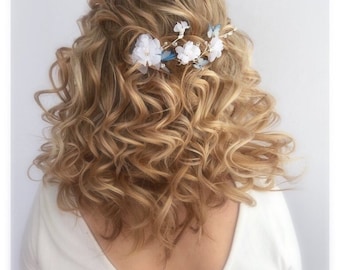 blue butterflies hair pins Bridal floral hair piece Wedding hair accessories white silk flowers hair vine summer hair pins beach wedding