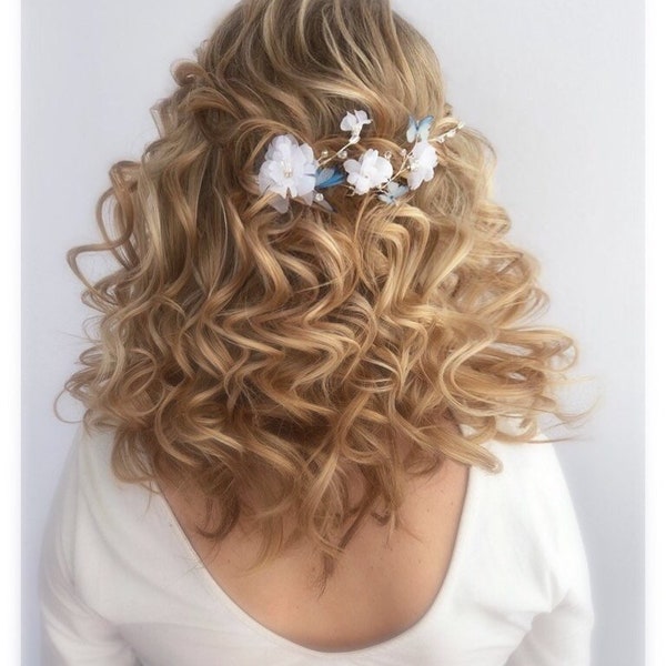 blue butterflies hair pins Bridal floral hair piece Wedding hair accessories white silk flowers hair vine summer hair pins beach wedding