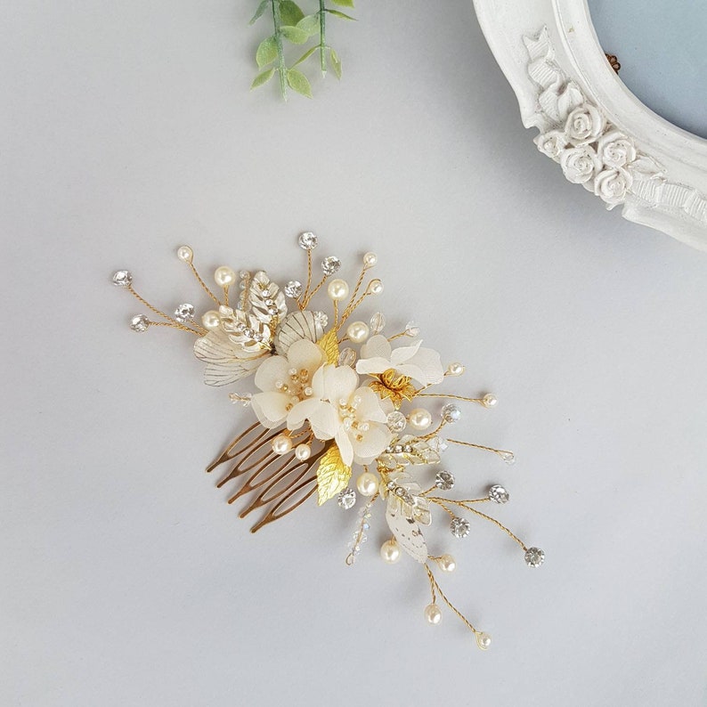 Gold Flower Hair Accessories Bridal Pearls Hair Comb Silk Etsy
