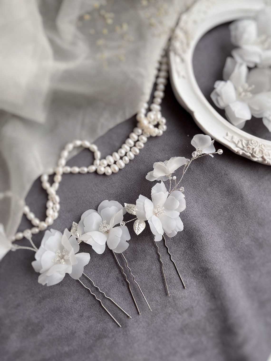 Silk Flower Hair Pins White Hair Piece Gold Wedding Boho Etsy