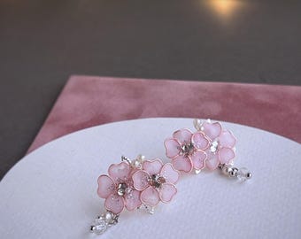 Pink Sakura Jewelry Set Flower Stud Earrings Hypoallergenic Cherry blossoms choker Mismatched earrings dip art pendant bloom